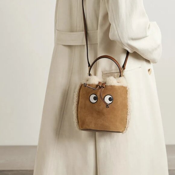 ANYA HINDMARCH Eyes Shearling Suede Bucket Shoulder Drawstring Crossbody Bag - Picture 2 of 9